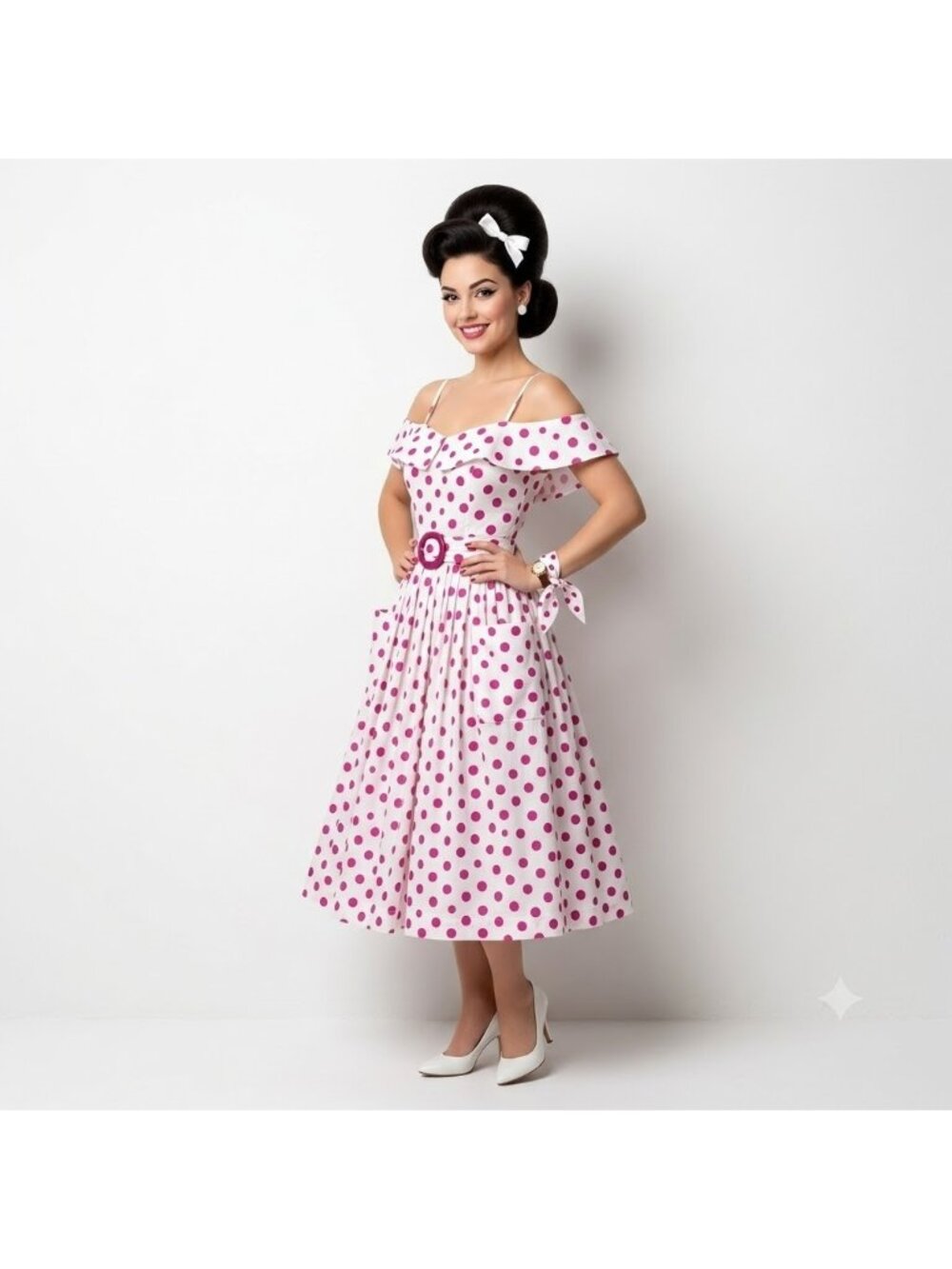 Vtg Bessi Firenze Italy Dress US 8 Pink Polka Dot Cotton Belted Midi Retro Chic